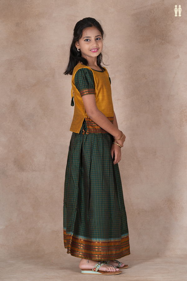 Checks Design Yellow And Green Raw Silk Pavadai Sattai