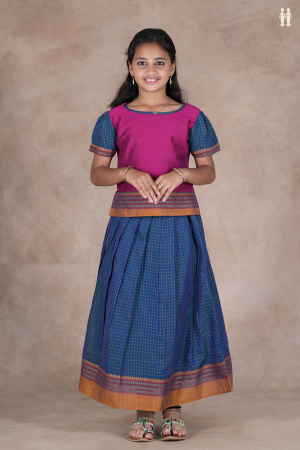Checks Design Purple Rose And Blue Raw Silk Pavadai Sattai
