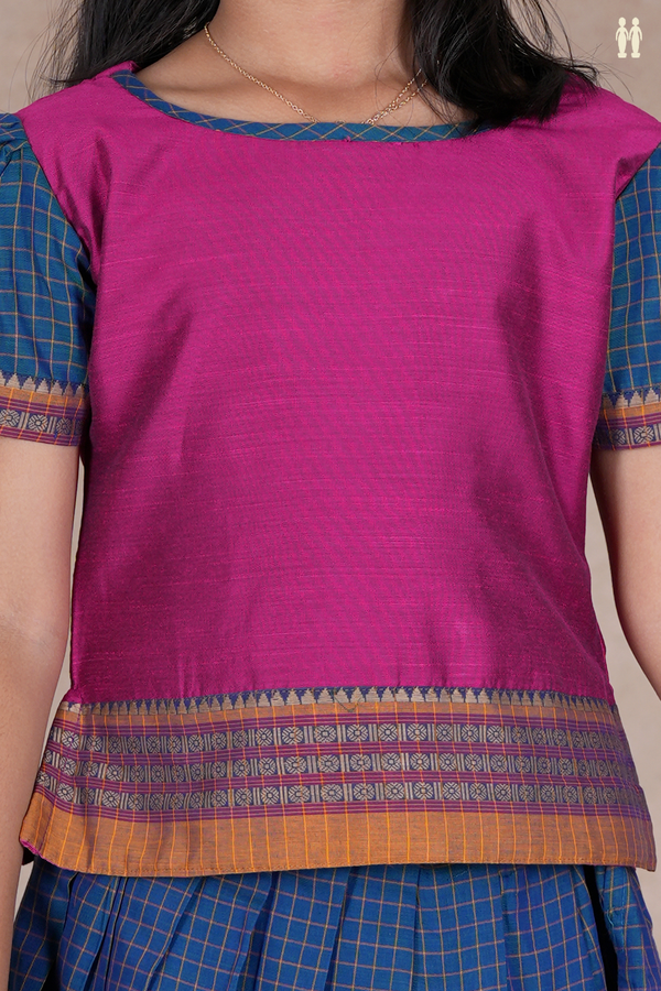 Checks Design Purple Rose And Blue Raw Silk Pavadai Sattai