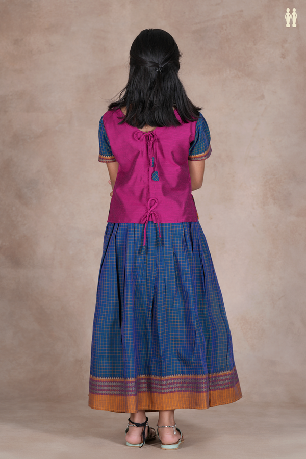 Checks Design Purple Rose And Blue Raw Silk Pavadai Sattai