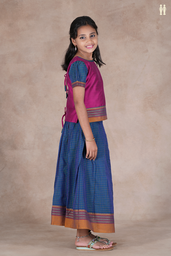 Checks Design Purple Rose And Blue Raw Silk Pavadai Sattai