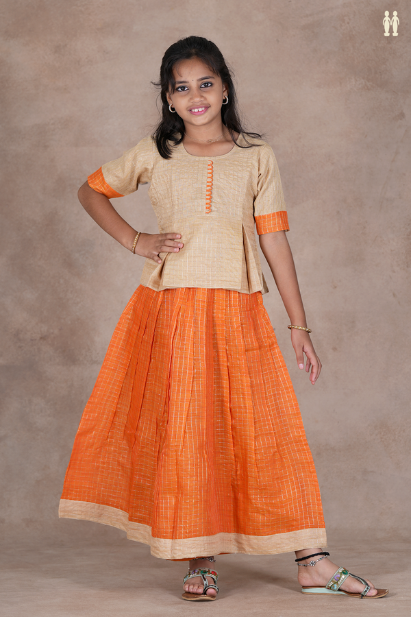 Checks Design Brown And Orange Raw Silk Pavadai Sattai