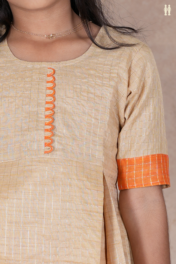 Checks Design Brown And Orange Raw Silk Pavadai Sattai