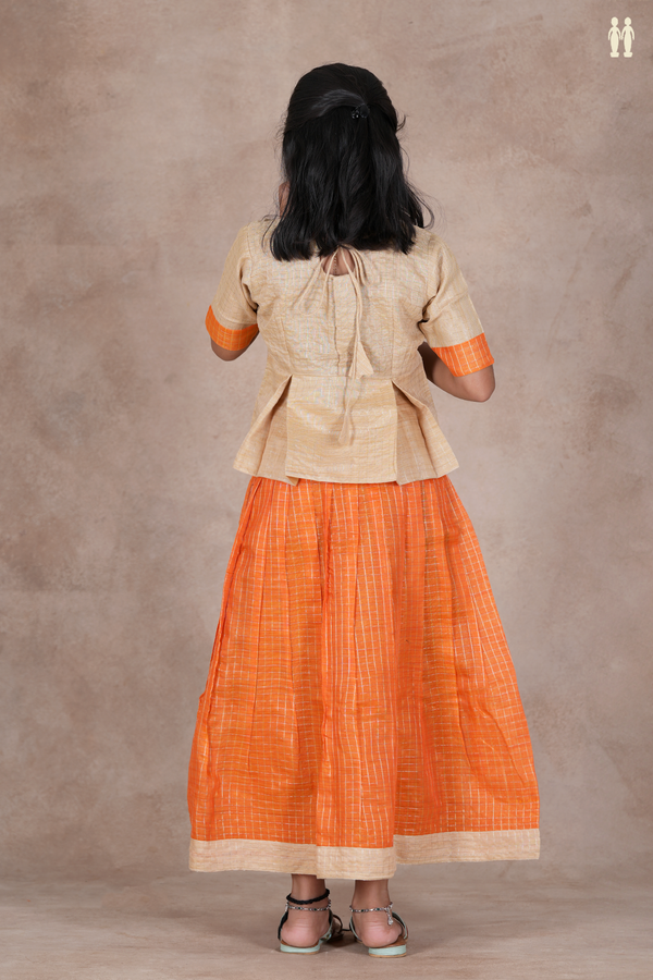 Checks Design Brown And Orange Raw Silk Pavadai Sattai