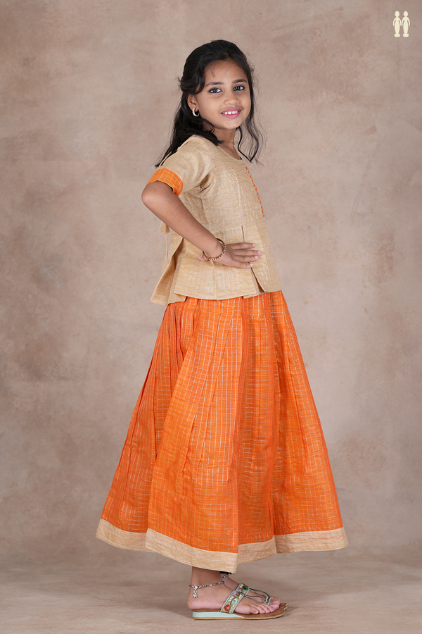 Checks Design Brown And Orange Raw Silk Pavadai Sattai