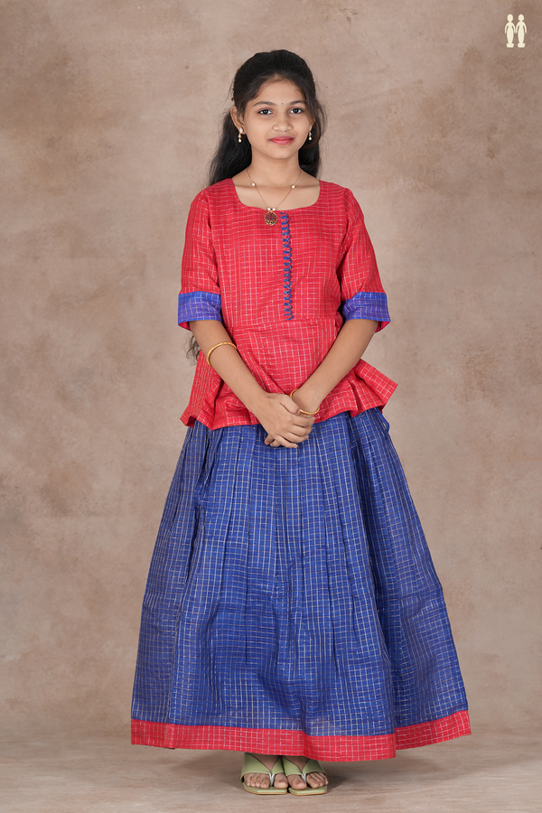 Checks Design Yellow And Green Raw Silk Pavadai Sattai