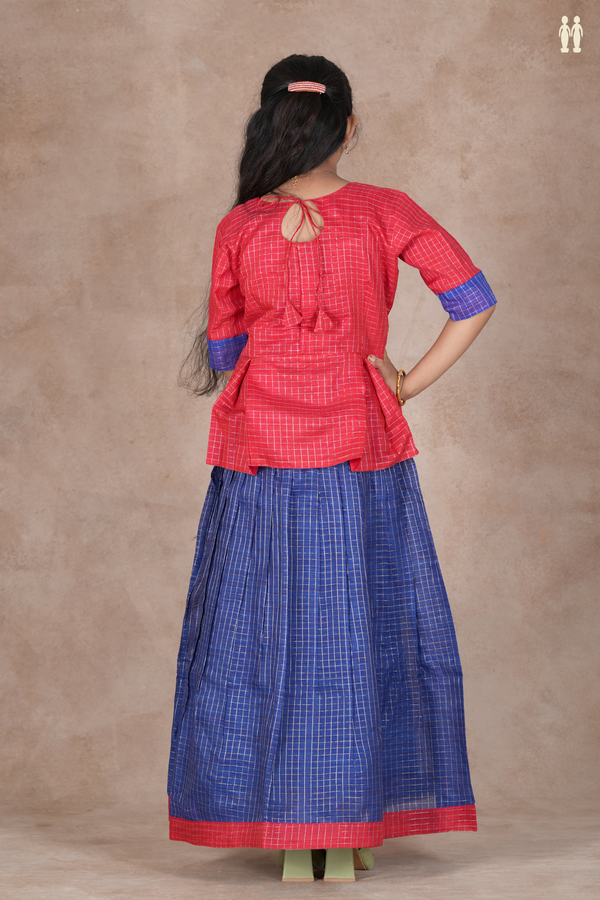 Checks Design Yellow And Green Raw Silk Pavadai Sattai