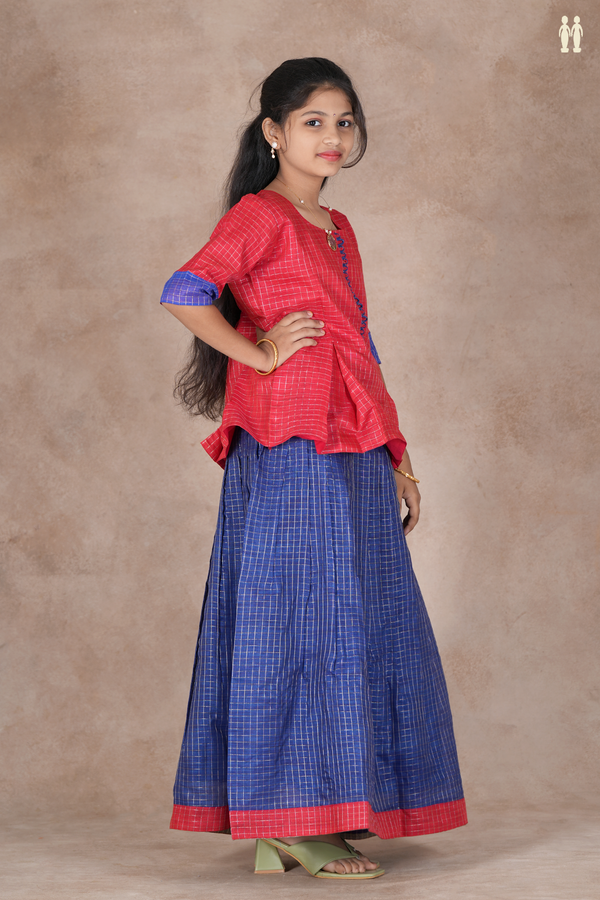 Checks Design Yellow And Green Raw Silk Pavadai Sattai