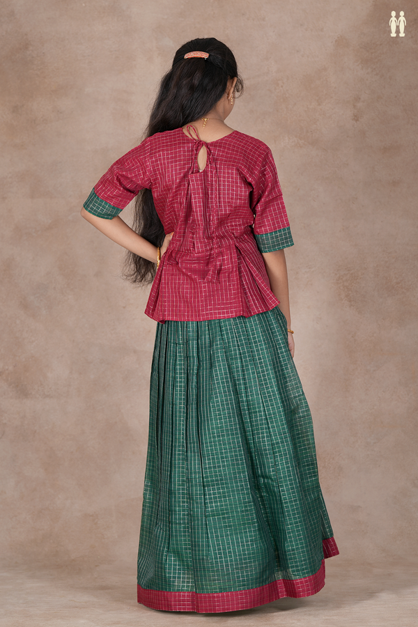 Checks Design Red And Green Raw Silk Pavadai Sattai