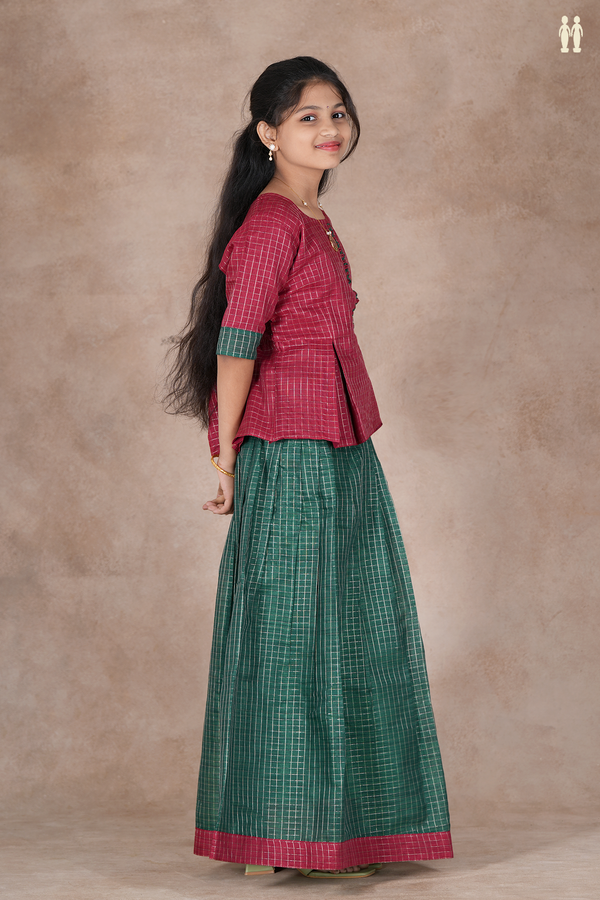 Checks Design Red And Green Raw Silk Pavadai Sattai