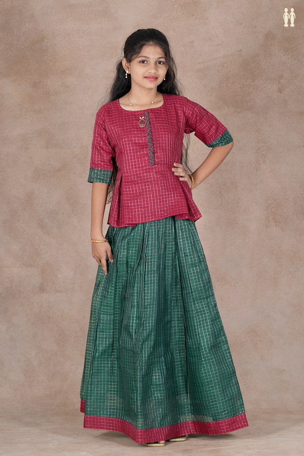 Checks Design Red And Green Raw Silk Pavadai Sattai