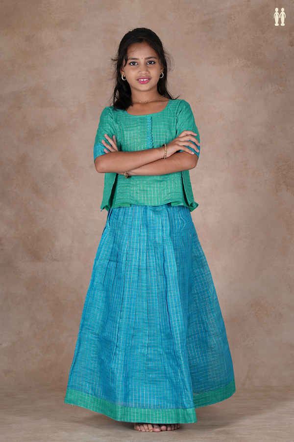 Checks Design Green And Blue Raw Silk Pavadai Sattai