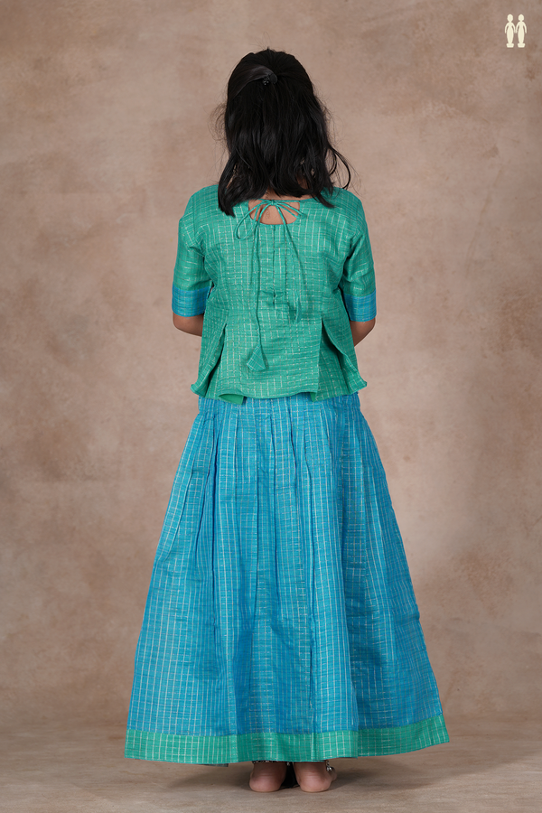 Checks Design Green And Blue Raw Silk Pavadai Sattai