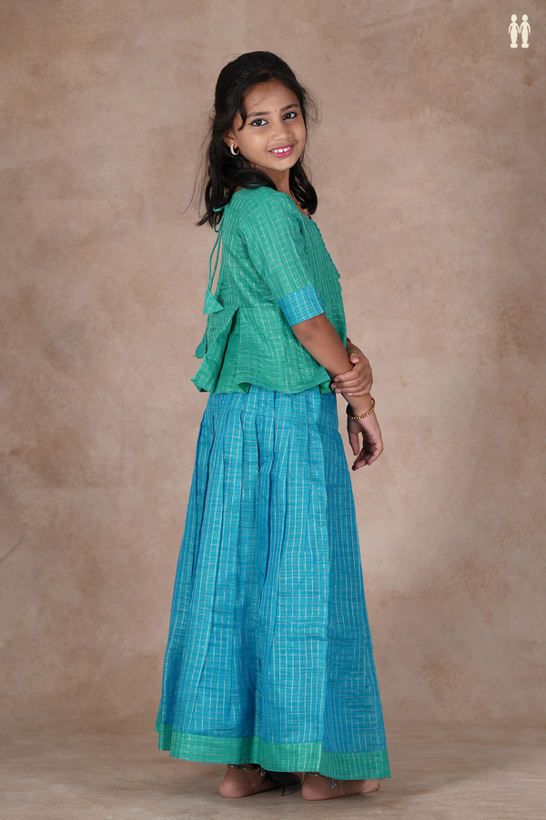 Checks Design Green And Blue Raw Silk Pavadai Sattai