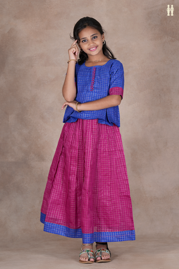 Checks Design Blue And Magenta Silk Pavadai Sattai