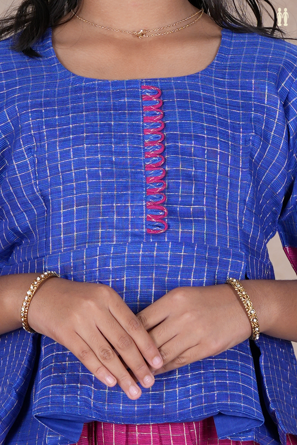 Checks Design Blue And Magenta Silk Pavadai Sattai