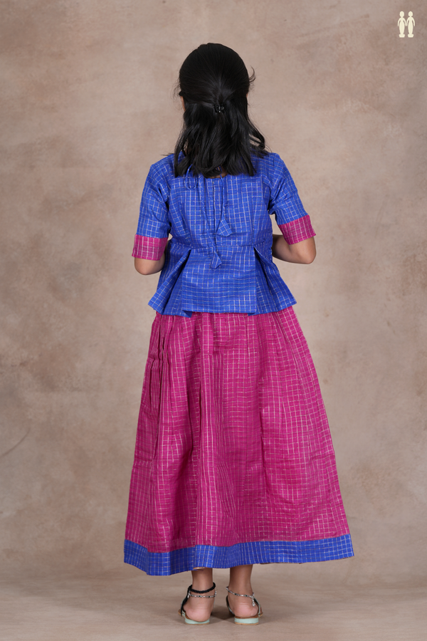 Checks Design Blue And Magenta Silk Pavadai Sattai