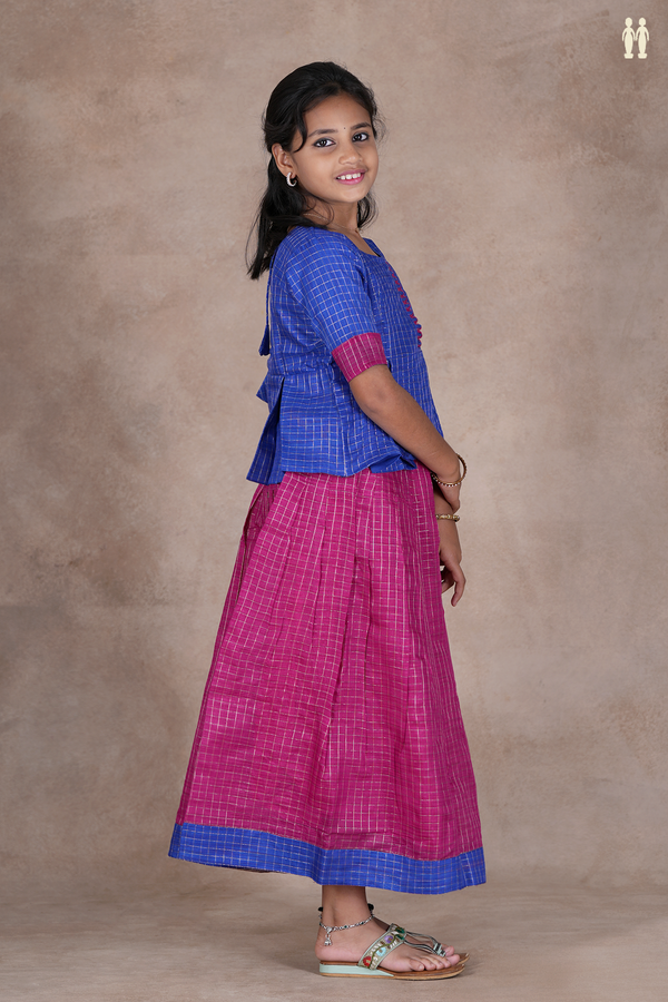 Checks Design Blue And Magenta Silk Pavadai Sattai