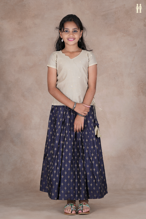 Mirror Buttis Pastel Brown And Blue Cotton Pavadai Sattai
