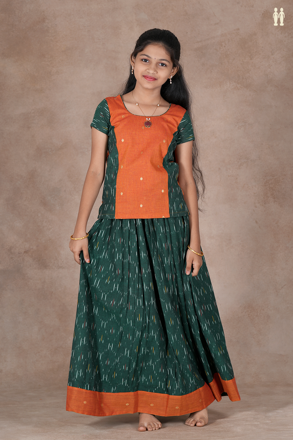 Ikat Design Orange And Green Cotton Pavadai Sattai