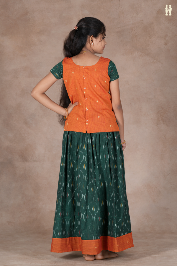 Ikat Design Orange And Green Cotton Pavadai Sattai