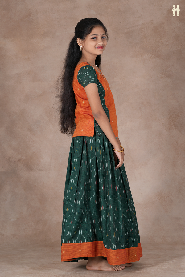 Ikat Design Orange And Green Cotton Pavadai Sattai