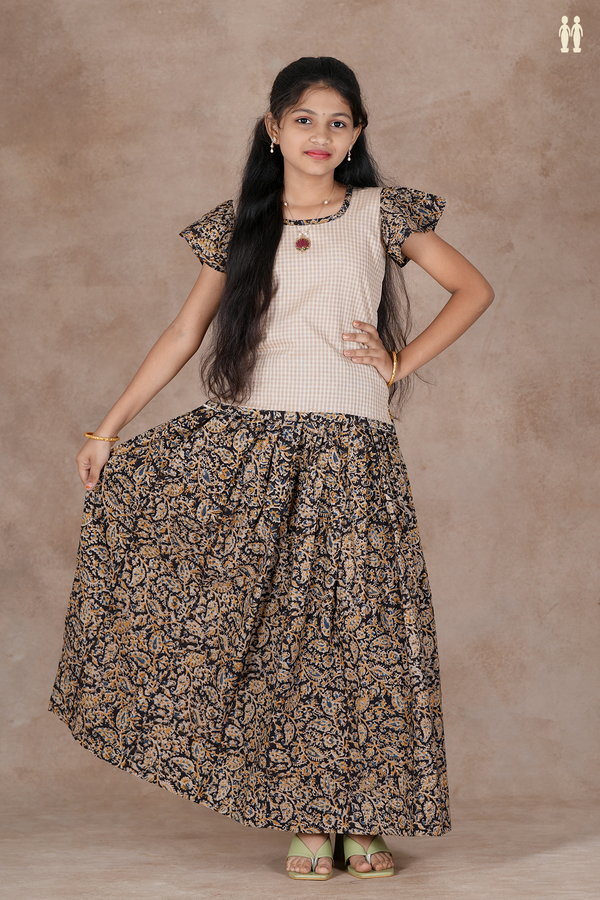 Floral Design Brown And Black Cotton Pavadai Sattai