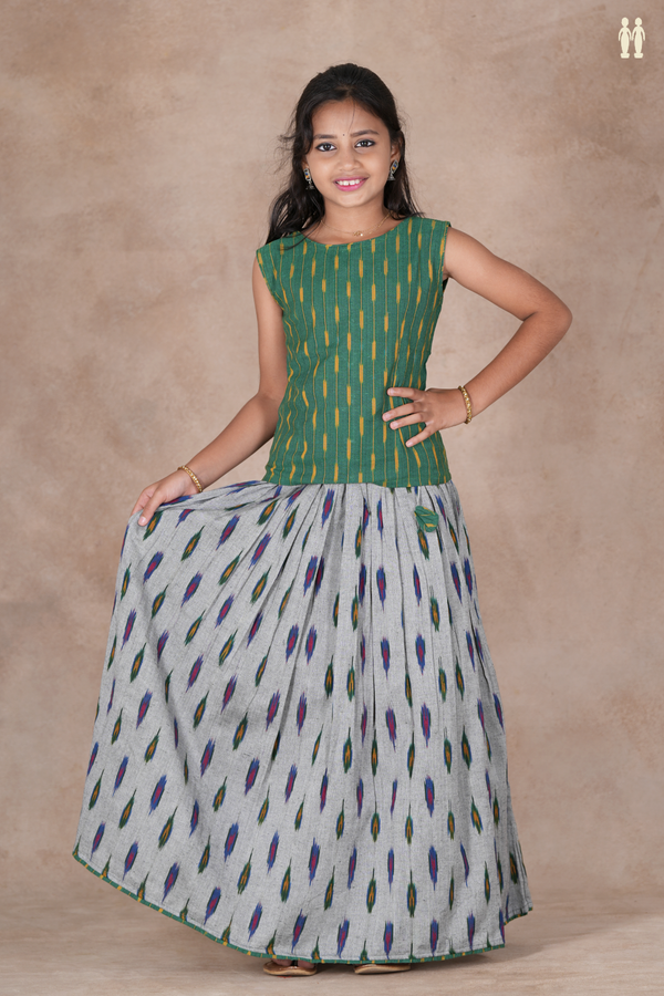 Ikat Design Green And Grey Cotton Pavadai Sattai
