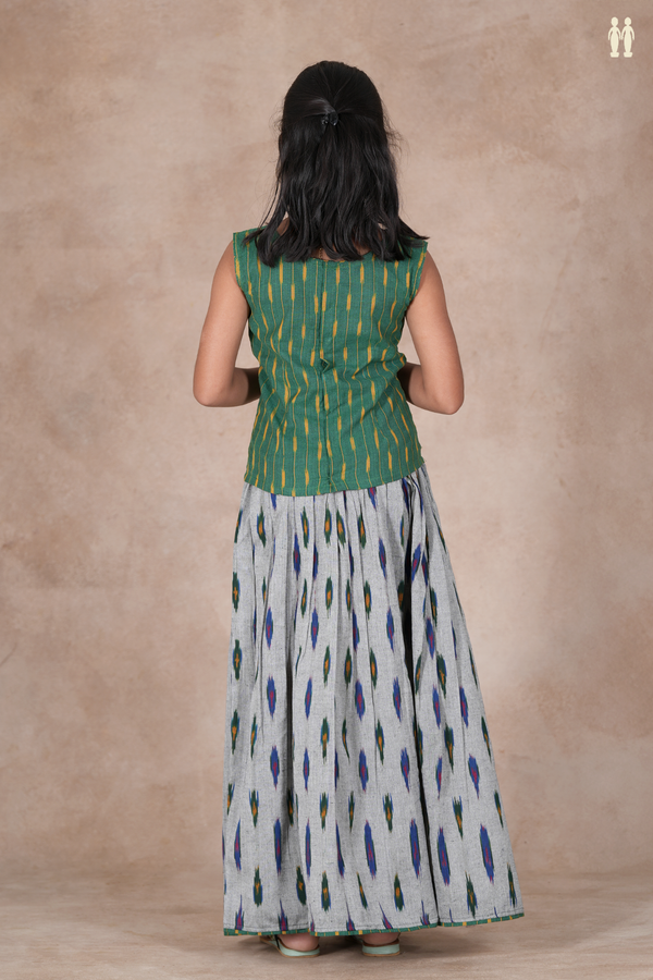Ikat Design Green And Grey Cotton Pavadai Sattai