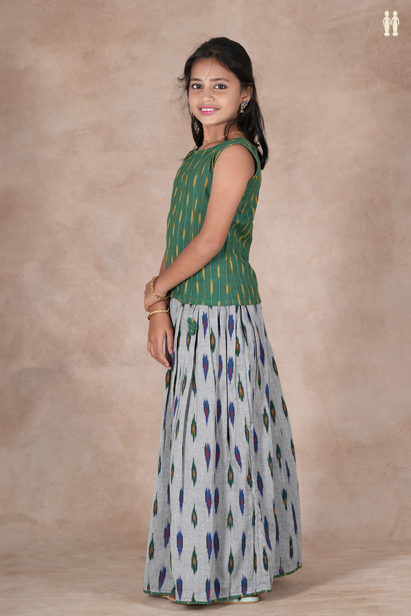 Ikat Design Green And Grey Cotton Pavadai Sattai