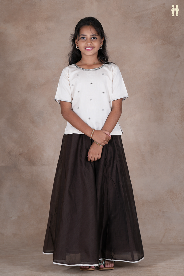 Floral Buttas White And Brown Chanderi Cotton Pavadai Sattai