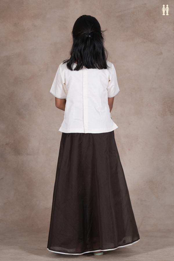 Floral Buttas White And Brown Chanderi Cotton Pavadai Sattai