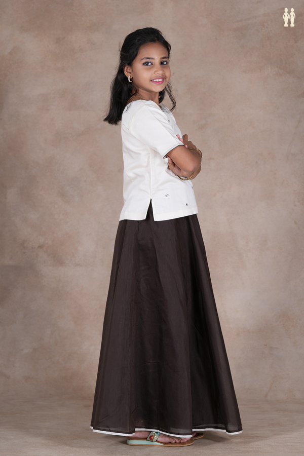 Floral Buttas White And Brown Chanderi Cotton Pavadai Sattai