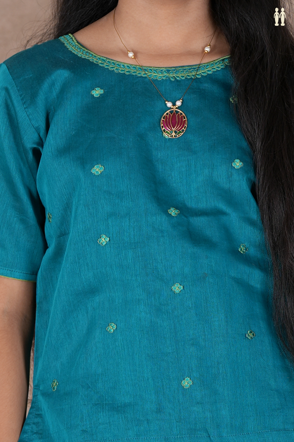 Floral Buttas Blue And Green Silk Cotton Pavadai Sattai