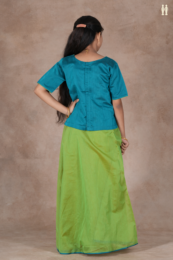 Floral Buttas Blue And Green Silk Cotton Pavadai Sattai