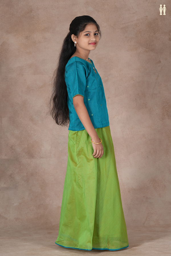 Floral Buttas Blue And Green Silk Cotton Pavadai Sattai