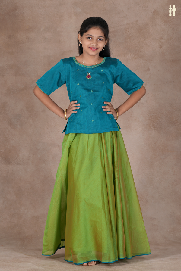 Floral Buttas Blue And Green Silk Cotton Pavadai Sattai