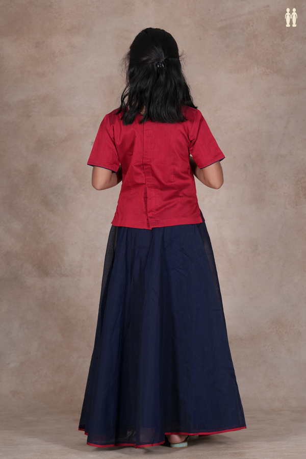 Floral Buttas Red And Blue Chanderi Cotton Pavadai Sattai