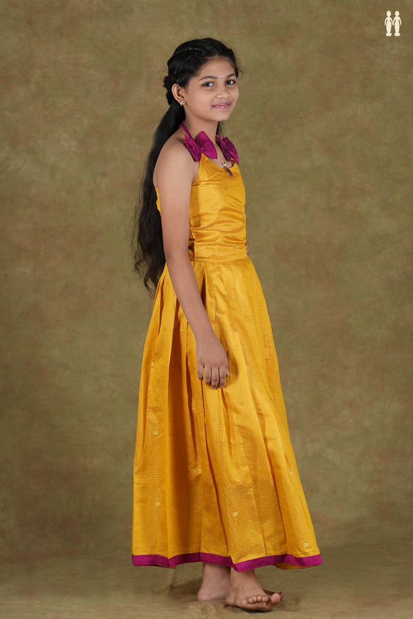Shoulder Tie Up Zari Buttas Yellow Cotton Pavadai Sattai