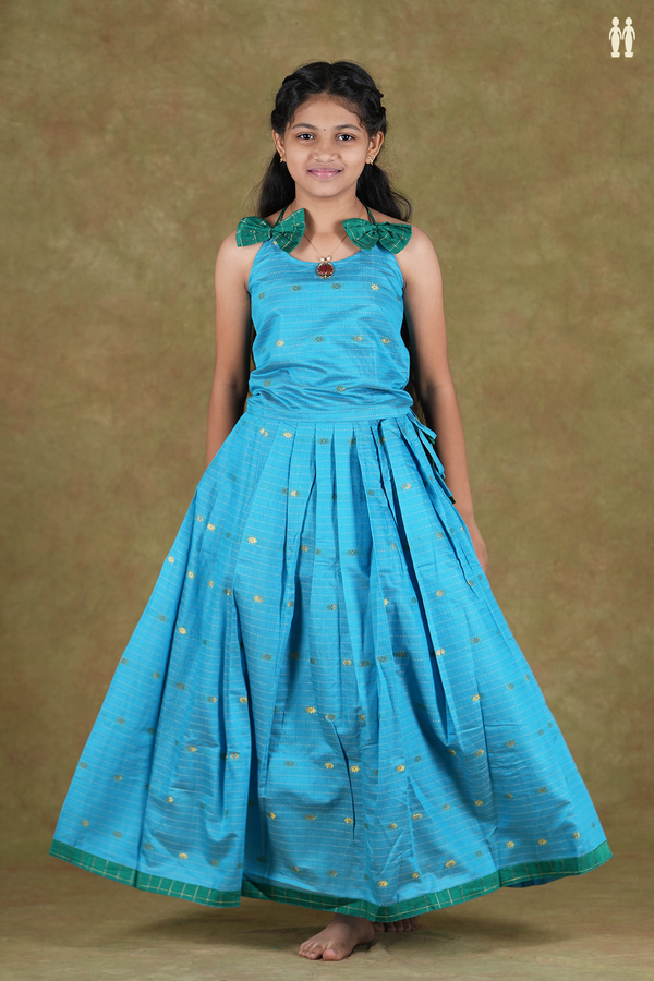 Shoulder Tie Design Zari Buttas Blue Cotton Pavadai Sattai