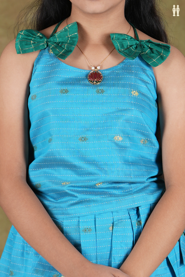 Shoulder Tie Design Zari Buttas Blue Cotton Pavadai Sattai