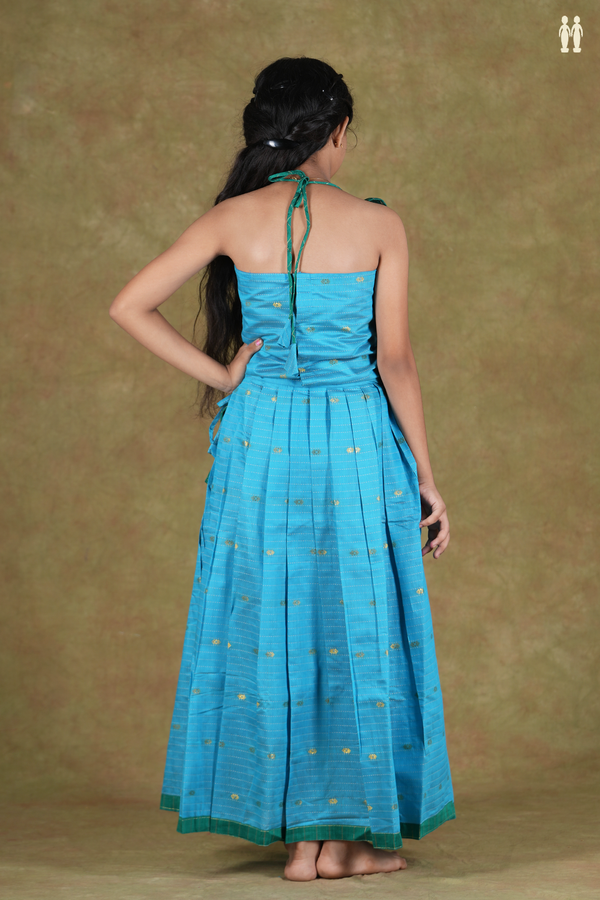 Shoulder Tie Design Zari Buttas Blue Cotton Pavadai Sattai