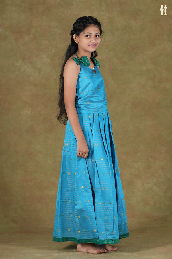 Shoulder Tie Design Zari Buttas Blue Cotton Pavadai Sattai
