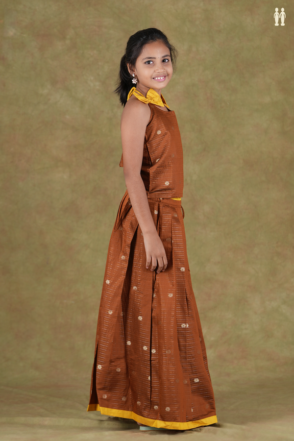 Shoulder Tie Up Zari Buttas Brown Cotton Pavadai Sattai