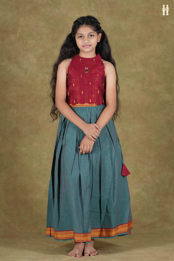 Halter Neck Zari Buttis Red And Green Cotton Pavadai Sattai
