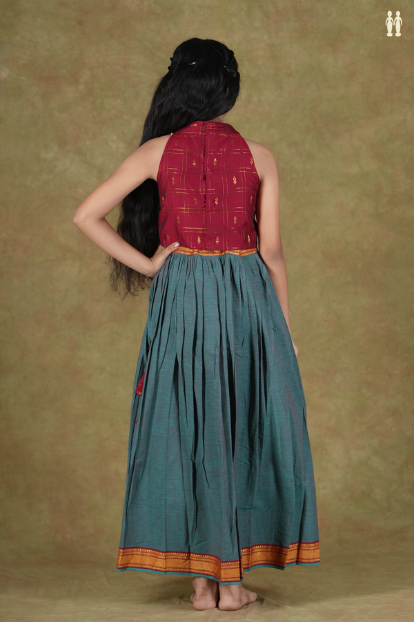 Halter Neck Zari Buttis Red And Green Cotton Pavadai Sattai