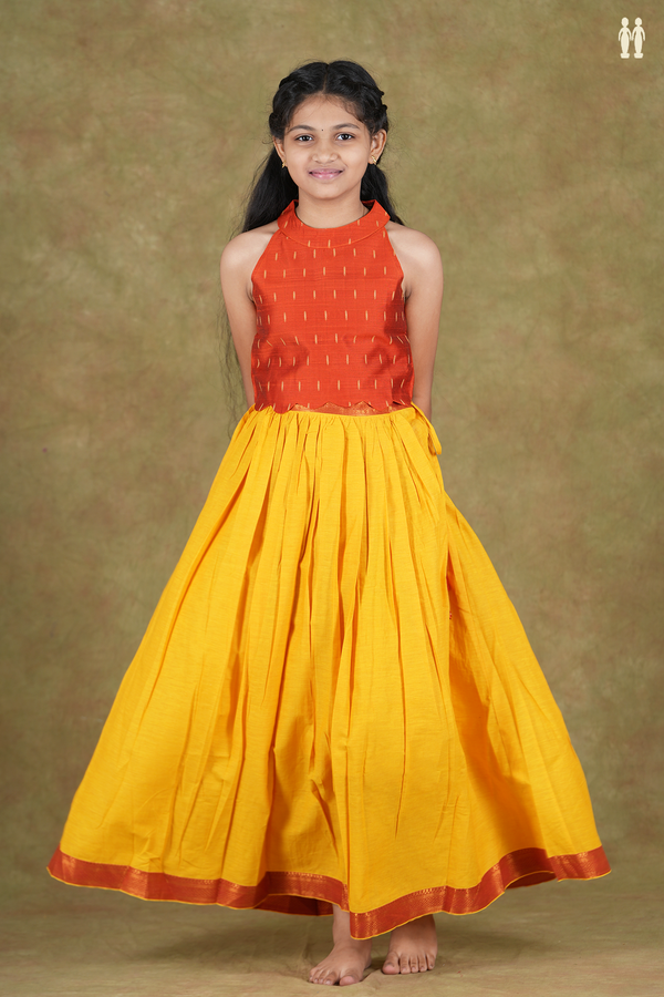 Halter Neck Zari Buttis Orange And Yellow Cotton Pavadai Sattai