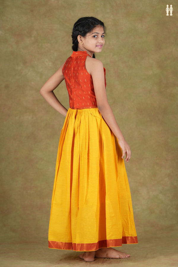 Halter Neck Zari Buttis Orange And Yellow Cotton Pavadai Sattai