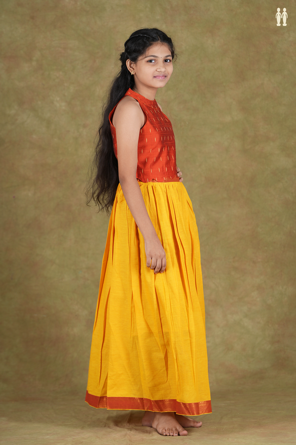 Halter Neck Zari Buttis Orange And Yellow Cotton Pavadai Sattai