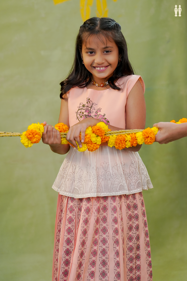 Peacock Design Peach Chanderi Cotton Pavadai Sattai